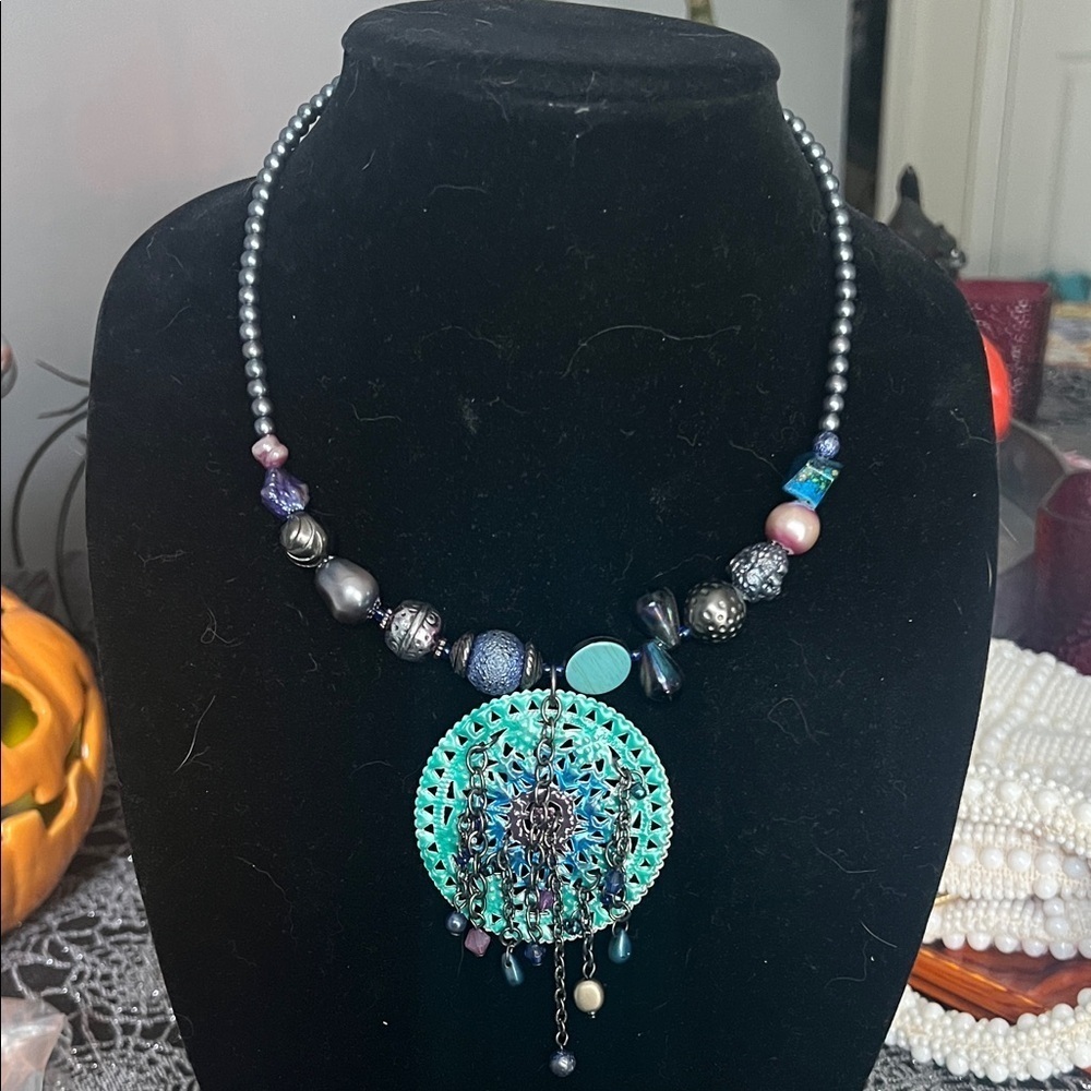 Elegant Beaded Necklace with Turquoise Pendant Chocker Style